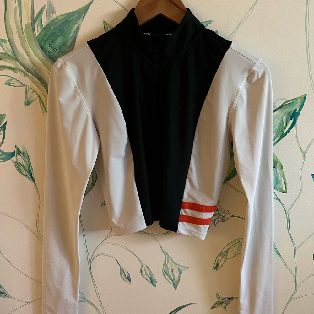 DKNY Black & White Long Sleeve active wearJersey with Red Stripe Detail
